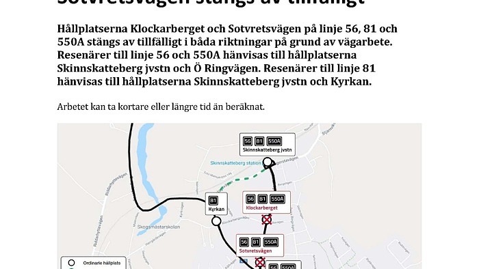 Trafikmeddelande – Hållplatserna stängs av tillfälligt