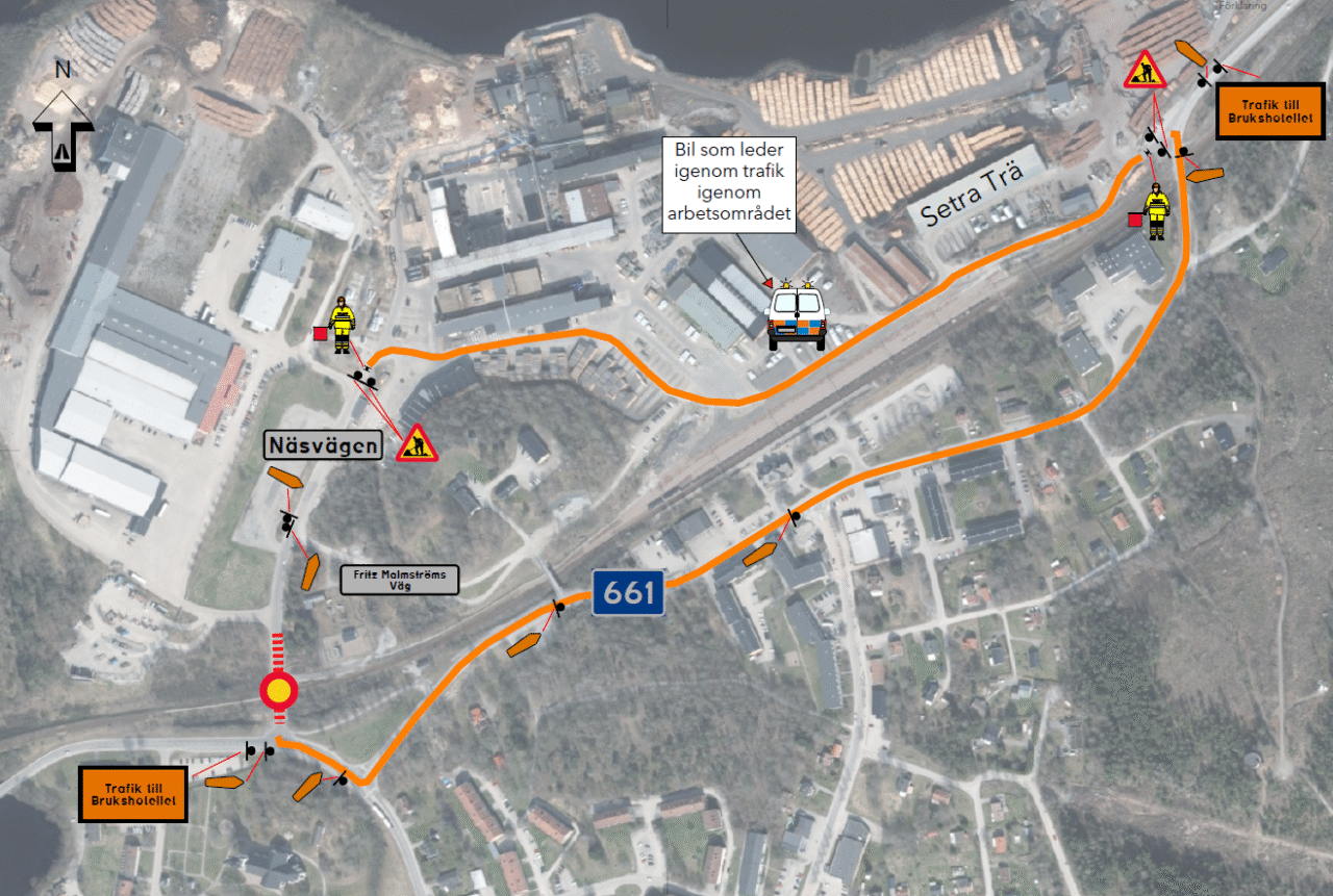 Karta/omledningsväg över avstängningen av plankorsningen vid Näsvägen, Skinnskatteberg.