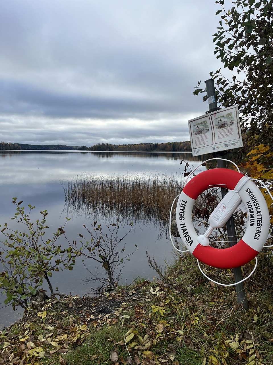 Röd och vit livräddningsboj, sjö, höst, träd. 